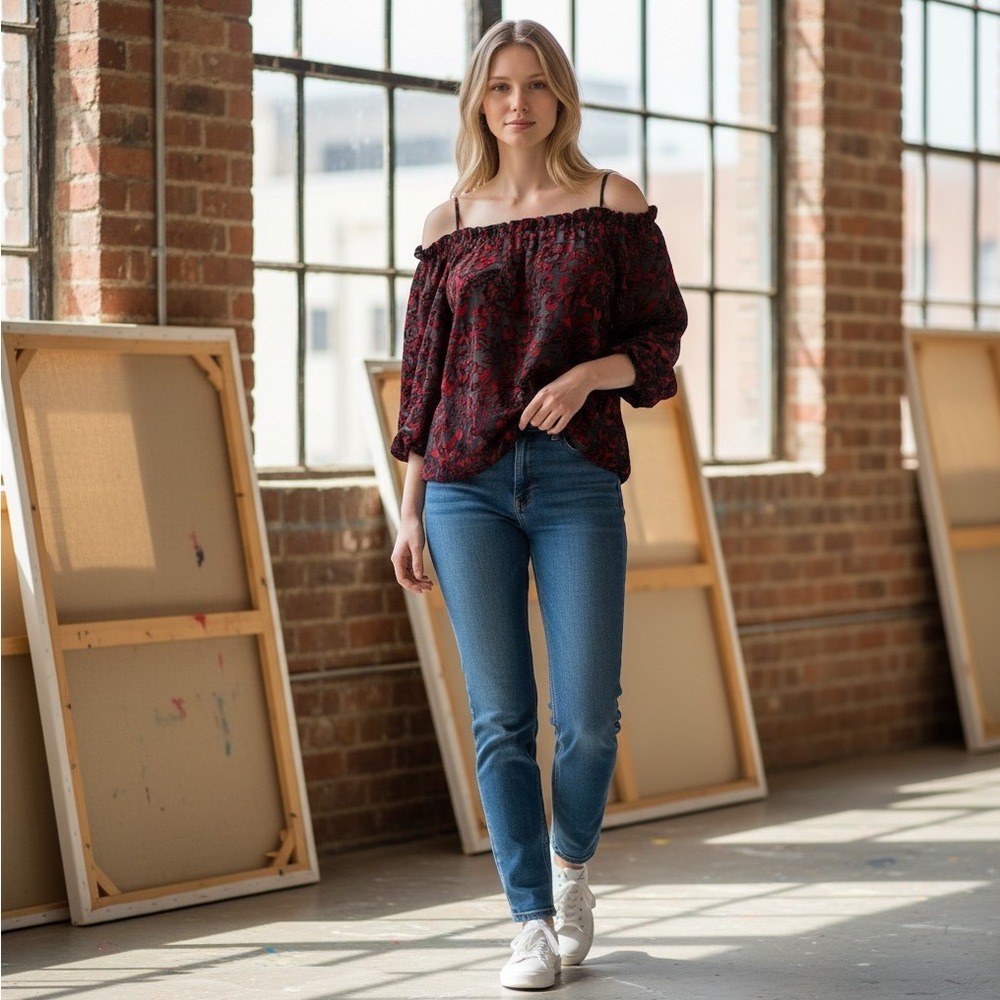 Chicos Velvet Statement Off The Shoulder Top Renaissance Red Floral Burnout 3